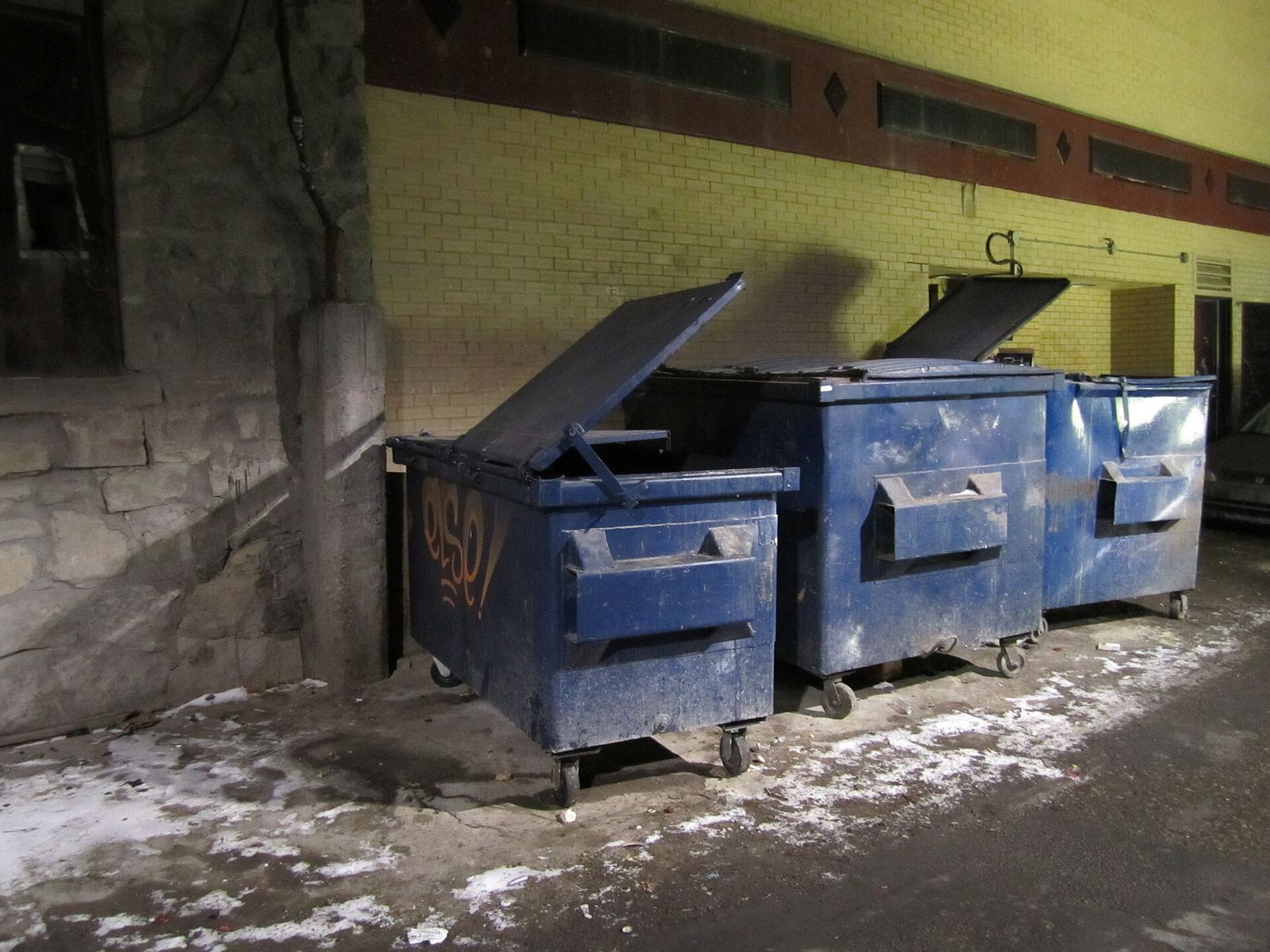 Dumpsters behind a restaurant in winter