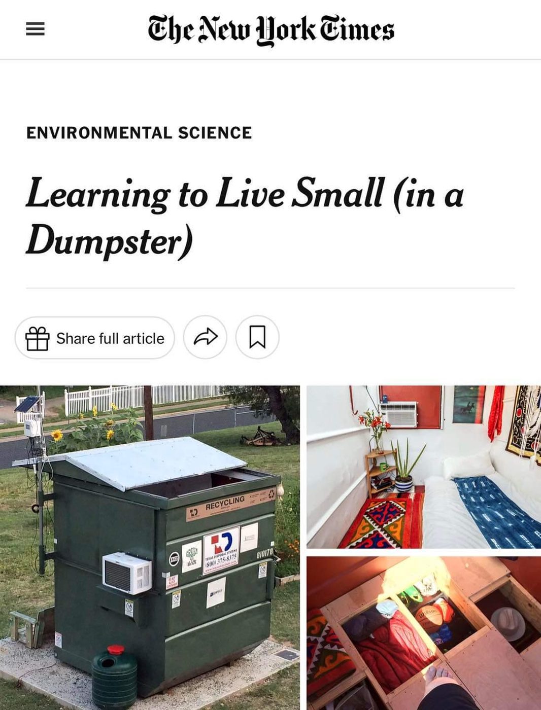 A New York Times headline, Learning to Live Small in a Dumpster